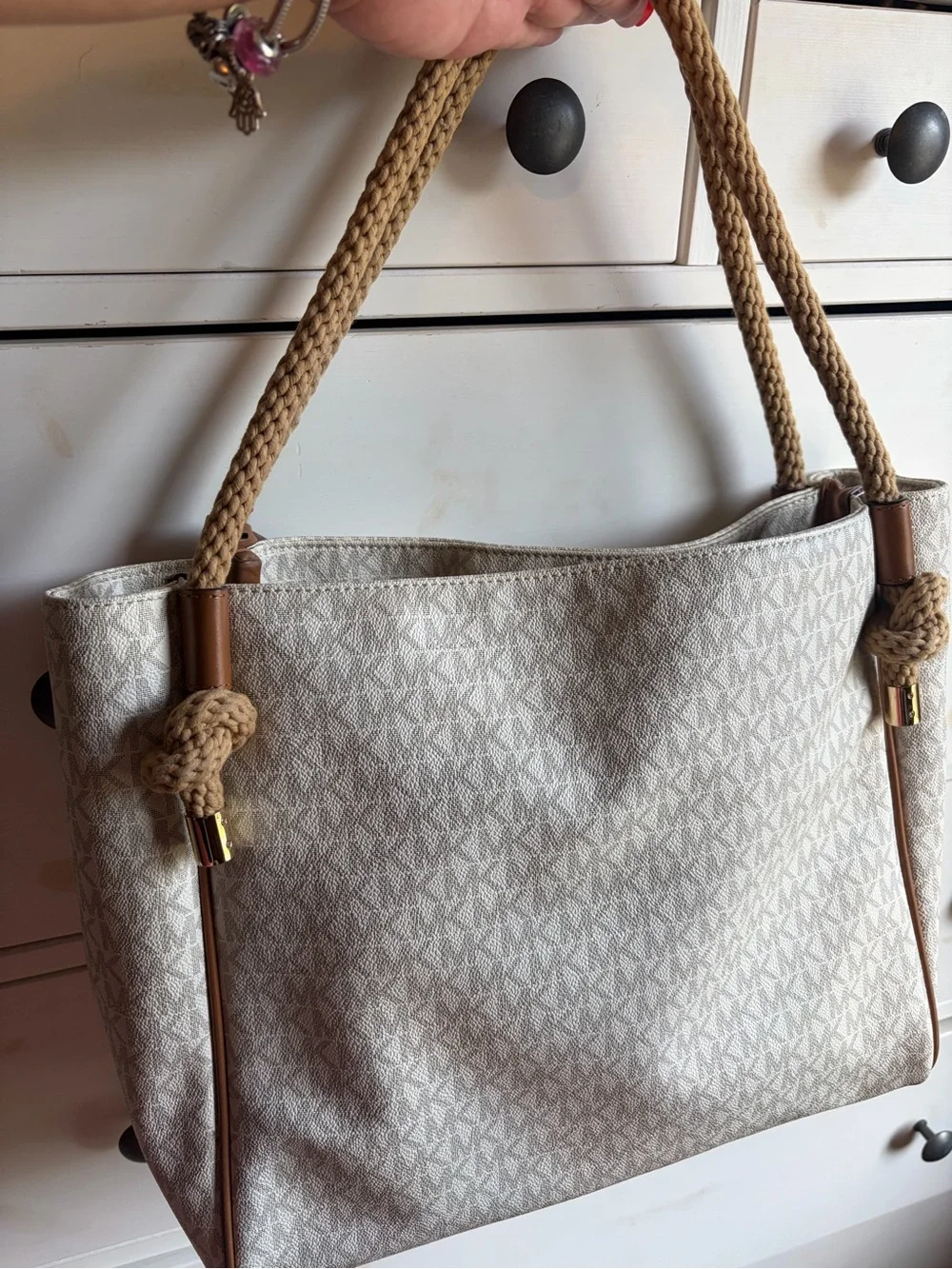Michael Kors Cream and Tan MK Signature Rope-Handle Shoulder Bag